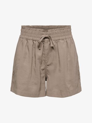 Beżowe casualowe szorty z elastycznym pasem i sznurkiem do wiązania, o luźnym kroju i długości sięgającej do połowy uda.