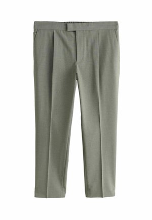 Svetlosivé oblekové nohavice s prednými záhybmi, bočnými vreckami, pútkami na opasok a skrytým predným zapínaním.