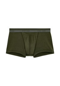 Olivově zelené boxerky z měkké látky, s pohodlným šedým pasem s logem "HOM" a tvarovaným předním dílem.