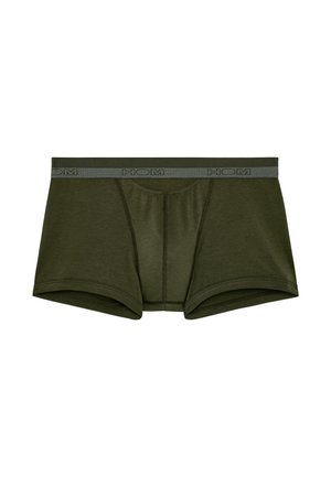 Olivově zelené boxerky z měkké látky, s pohodlným šedým pasem s logem "HOM" a tvarovaným předním dílem.