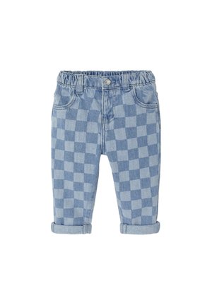 Hellblaue Jeans mit Karomuster, elastischem Bund, hochgekrempelten Säumen und Fronttaschen. Klassischer Fünf-Taschen-Stil.