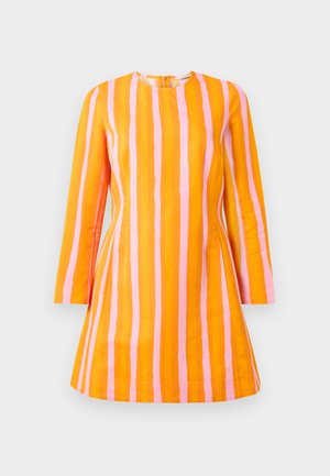 Langarm A-lijn jurk met verticale oranje en roze strepen, een ronde hals en een ritssluiting aan de achterkant tegen een witte achtergrond.