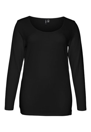 Melnā, garroku T-krekls, izgatavots no gludas, vieglas auduma. Tam ir apaļa kakla izgriezums un pieguloša silueta forma.