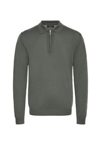 Maglione polo verde a maniche lunghe con colletto a zip, texture lavorata a maglia e polsini e orlo a costine. Design leggero e informale.
