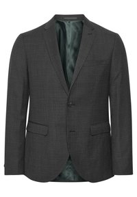 Grå rutiga kavaj med enkel knäppning, klädda slag, två framfickor och en slät grön foder. Strukturerad passform och texturerad tyg.