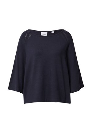 Marineblauer Pullover mit weitem Bootsausschnitt, lockerer Passform und kurzen Ärmeln. Er zeichnet sich durch ein strukturiertes Strickmuster und dezente seitliche Details aus.