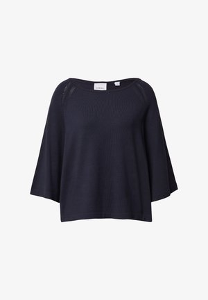 Marineblauer Pullover mit weitem Bootsausschnitt, lockerer Passform und kurzen Ärmeln. Er zeichnet sich durch ein strukturiertes Strickmuster und dezente seitliche Details aus.