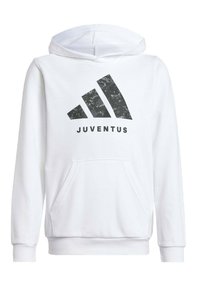 Felpa bianca in morbido tessuto, con un grande logo Adidas nero e il testo "JUVENTUS", dotata di tasca a marsupio e polsini a costine.