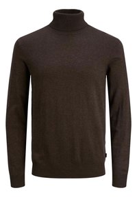 Pull à col roulé marron en tissu doux. Présente des manches longues, un col et des poignets côtelés, ainsi qu'une texture lisse.