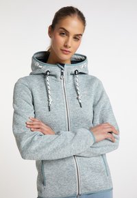 Jasnoniebieska bluza z zamkiem błyskawicznym, ozdobiona fakturowanym wzorem, z kapturem na sznurki i srebrnymi detalami zamka. Posiada dopasowany krój i boczne kieszenie.