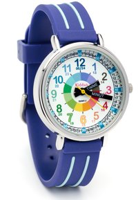 Montre en silicone violet avec un cadran circulaire coloré. Présente de grands marqueurs d'heure, un fond blanc et une aiguille des heures et une aiguille des minutes noires.