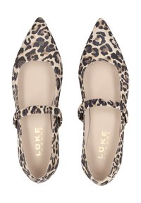 Ballerinas mit Leopardenmuster und spitzem Zeh, aus weichem Stoff und mit einem einzigen Knöchelriemen. Beige und schwarzes Farbschema, gepolsterte Innensohle.