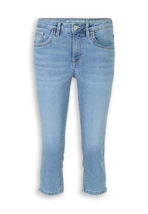Jeans cropped en denim bleu clair avec bouton devant, fermeture éclair, passants de ceinture et design cinq poches de Tom Tailor.