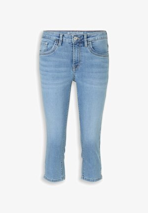 Lichtblauwe denim cropped jeans met een knoop aan de voorkant, rits, riemlussen en een ontwerp met vijf zakken van Tom Tailor.