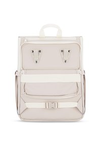 Krém színű hátizsák sima felülettel, felületi fogantyúval, állítható pántokkal, két elülső klipszel és egy fő cipzáros rekesszel rendelkezik.