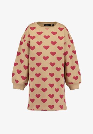 Beigefarbenes Langarm-Pulloverkleid mit rotem Herzmuster, gerippten Bündchen und rundem Ausschnitt, geeignet für Kinder.
