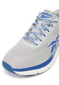 Pantofii sport gri cu un suprafață din plasă texturată, accente albastre și o talpă albă. Dispun de detalii reflective și un sistem de șirete.