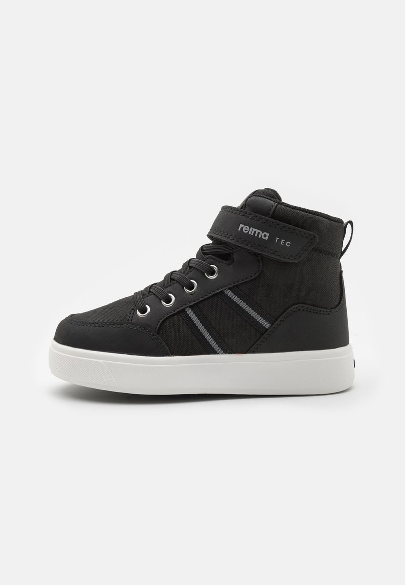 Black high-top sneakers with a textile upper, featuring gray stripes, a velcro strap, and a white rubber sole.