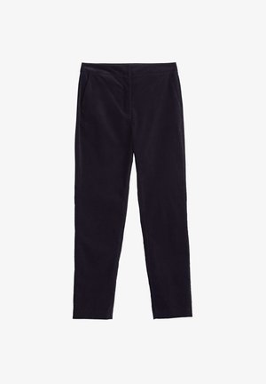 Schwarze, gerade Hosen aus weichem Stoff. Verfügt über zwei Seitentaschen und einen glatten Bund. Elegantes Design ohne sichtbare Muster.