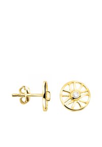 Guldtonade örhängen med stift som har en cirkulär design med urtagna spakar och en central klar ädelsten. Slät yta med polerad finish.