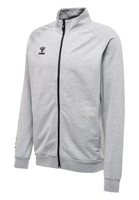 Grå zip-up træningsjakke lavet af blødt stof, med en sort lynlås, høj krave og logo på brystet samt stribede detaljer på ærmet.