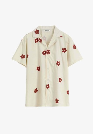 Chemise beige à manches courtes avec boutons, imprimés de fleurs rouges et col décontracté.