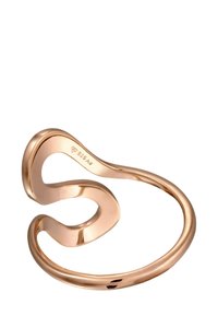 Rosen-gul justerbar ring med et glat, flydende design i en bølgelignende form og en skinnende overflade. Stemplet med "925 Ag" for ægthed.