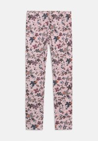 Leggings rosa con un motivo floreale su tutta la superficie in tonalità di viola, blu, grigio e arancione, mostrati distesi su uno sfondo bianco.