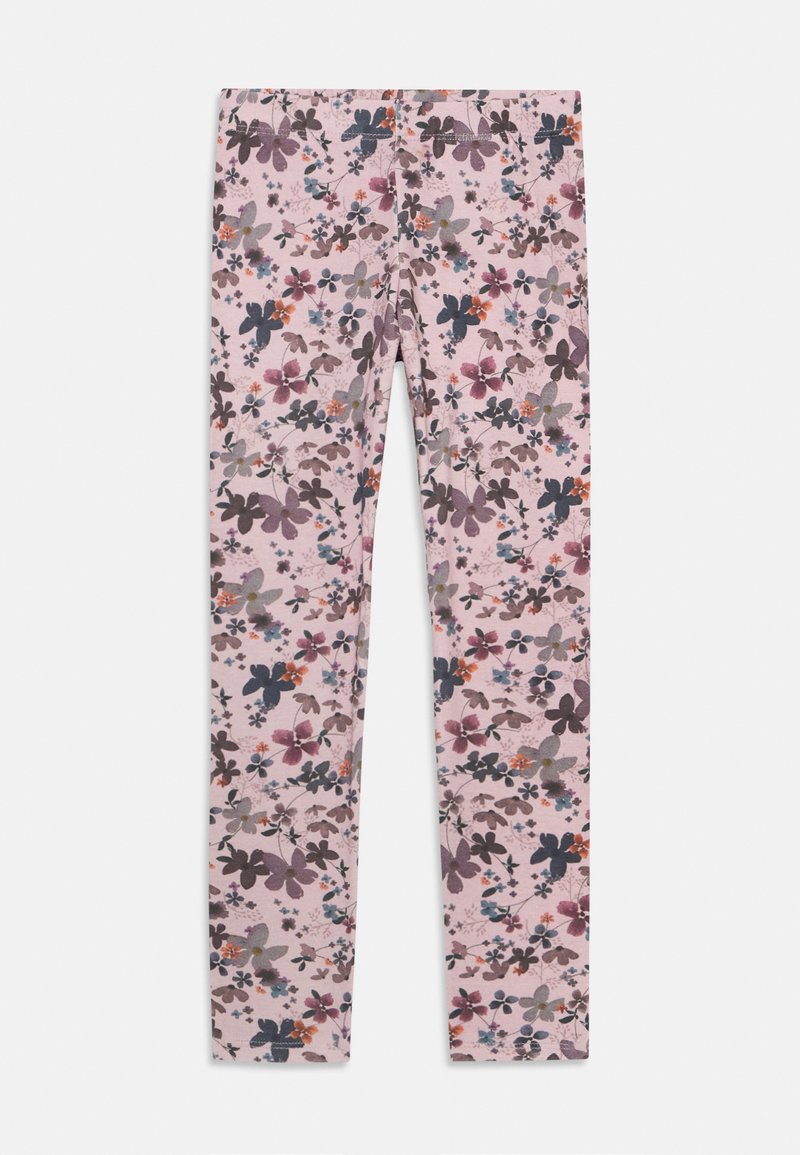 Růžové legíny s celoplošným květinovým vzorem v purpurové, modré, šedé a oranžové barvě, zobrazené rozložené na bílém pozadí.