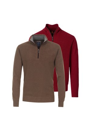 Zwei Herren-Langarm-Halbzip-Pullover, einer braun vorne und einer rot dahinter, dargestellt auf weißem Hintergrund.