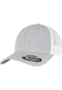Hall särke, millel on tekstuuriga kangast esiosa ja valge võrkkätk. Kumer visor ja must logokleeps ees. Flexfit disain.
