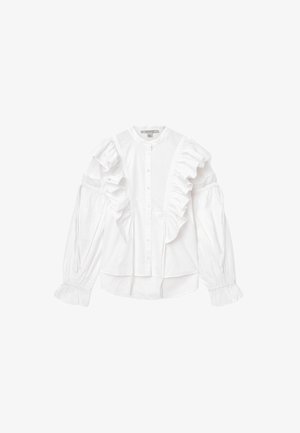 Valkoinen pitkähihainen paita, jossa on etufiguuri ja rypytettyjä yksityiskohtia rinnassa ja hihansuissa sekä joustavat hihansuut.