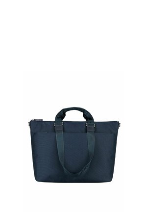 Bolsa tote rectangular de color azul oscuro con asas dobles y cierre de cremallera en la parte superior, diseñada para llevar objetos personales o documentos.