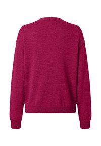 Back view of plain long-sleeve crewneck sweater in solid dark pink knit fabric with ribbed cuffs and hem.