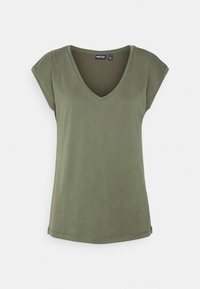 T-shirt verde oliva a scollo a V realizzato in tessuto morbido e leggero. Maniche corte con vestibilità comoda e orlo dritto. Senza fantasie o accenti.