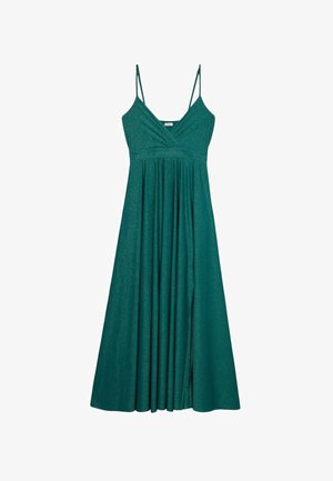 Søgrøn ærmeløs kjole med V-hals design, lavet af skinnende stof, med plisseringer og en sideslids for bevægelse.