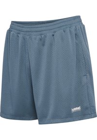 Nätatletiska shorts i en dämpad blå färg, med resårmidja, sidofickor och en logotyp tryckt på den nedre framdelen.