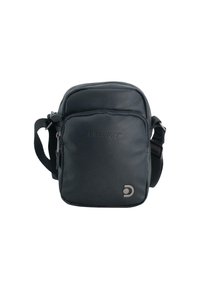 Schwarze Leder-Umhängetasche mit glatter Textur, mit Reißverschlusstaschen, verstellbarem Tragegurt und silbernem Logo-Element auf der Vorderseite.