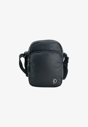 Schwarze Leder-Umhängetasche mit glatter Textur, mit Reißverschlusstaschen, verstellbarem Tragegurt und silbernem Logo-Element auf der Vorderseite.