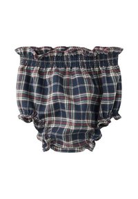 Navy blue plaid shorts with ruffled elastic waistband and leg openings. Features a checked pattern in white and burgundy. Cotton material.