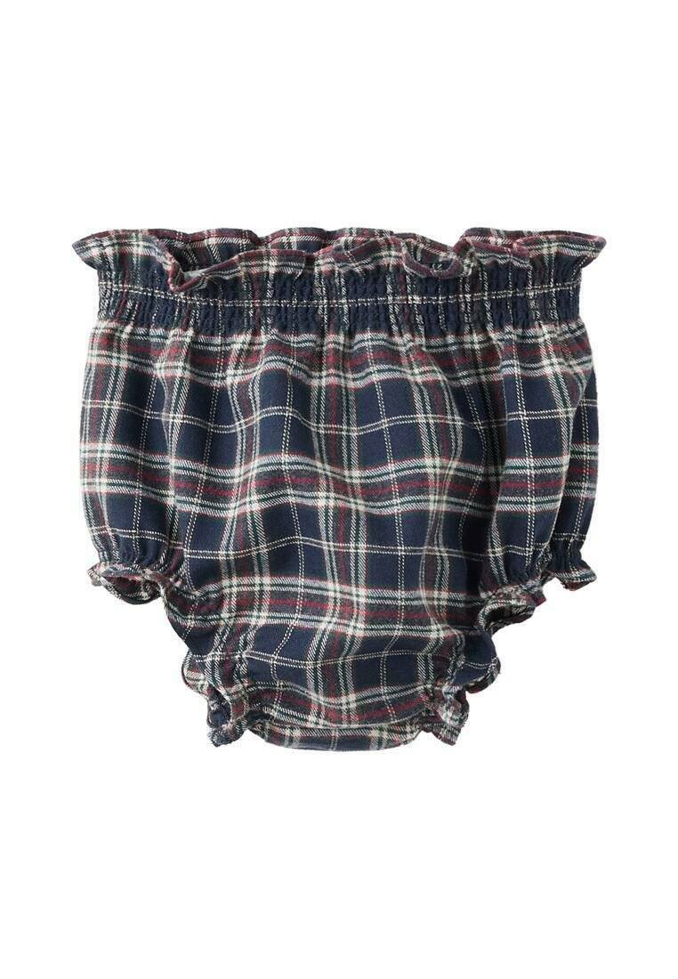 Navy blue plaid shorts with ruffled elastic waistband and leg openings. Features a checked pattern in white and burgundy. Cotton material.