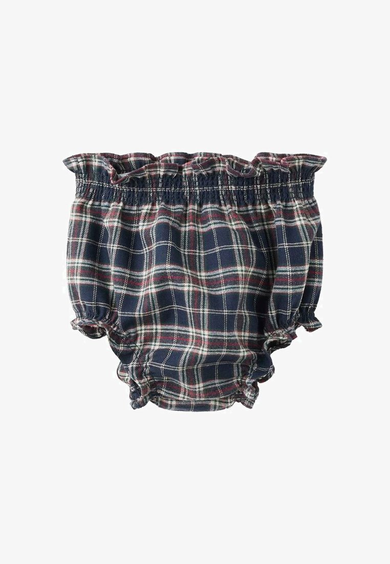 Navy blue plaid shorts with ruffled elastic waistband and leg openings. Features a checked pattern in white and burgundy. Cotton material.