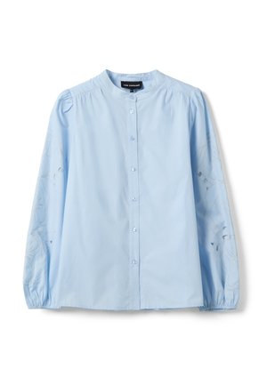 Light blue long-sleeve blouse with button-down front, gathered shoulders, elastic cuffs, and subtle floral embroidery on the sleeves.