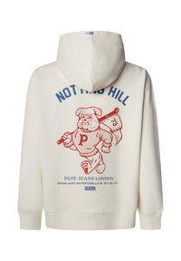 Crèmekleurige hoodie met een rood motief van een tekenfilmbulldog, tekst "NOTTING HILL," en "PEPE JEANS LONDON" in blauw gedrukt. Zachte stof, casual ontwerp.