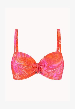 Top de bikini con estampado de cachemira en tonos rojo y rosa, con tirantes ajustables y un pequeño lazo central.
