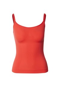 Rød ermeløs tanktop laget av glatt stretch-stoff, med rund halsutskjæring og tettsittende silhuett. Ingen merkbare mønstre eller aksenter.