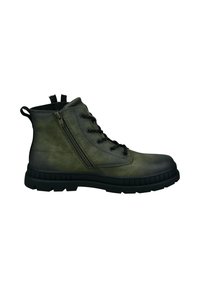 Bottes de cheville en cuir vert avec une fermeture éclair sur le côté, quincaillerie noire et semelle en caoutchouc texturé, affichant un design robuste à lacets.