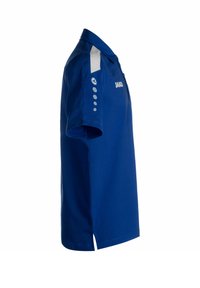 Blaues Poloshirt aus Baumwolle mit Kragen, kurzen Ärmeln und seitlichen Schlitzen. Verfügt über weiße Akzente und graue Knöpfe am Ärmel.