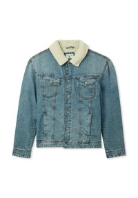 Giacca di denim con una finitura blu chiaro, dotata di un colletto in ecopelliccia crema, due tasche sul petto, chiusure a bottone e maniche lunghe.