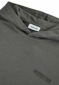 Olive green hooded sweatshirt with a soft texture, featuring a logo print near the hem and a simple, relaxed neckline design.